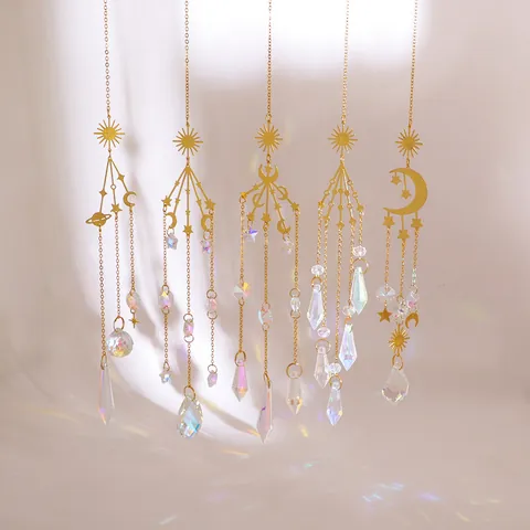 Gold Celestial Crystal Suncatcher Hanging Ornament Moon Sun Prism Rainbow Maker For Home Garden Window Decoration