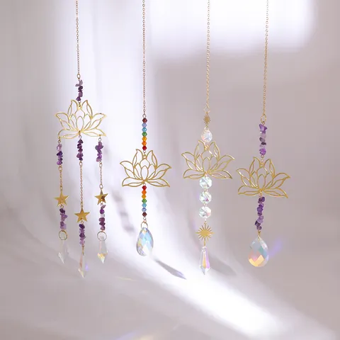 Lotus Crystal Suncatcher Prism Hanging Ornament Gold Alloy Natural Amethyst Gravel Rainbow Maker For Window Garden Home Decoration