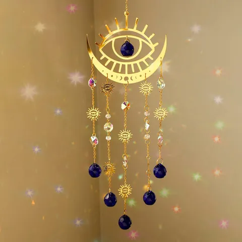 Bohemian Alloy Evil Eye Suncatcher Golden Moon Sun Crystal Wind Chime Rainbow Prism Hanging Ornament For Garden Home Window