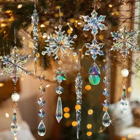 Iridescent Acrylic Christmas Tree Hanging Ornaments Snowflake Icicle Droplet Crystal Decorations For Holiday Party Home Decor