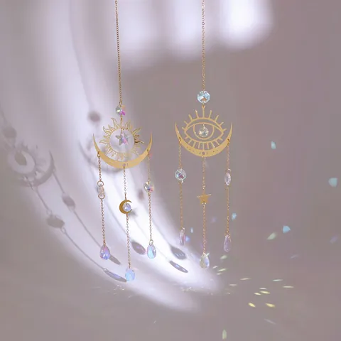 Grote Zon Maan Zonvanger Hangende Kristallen Windgong Goud Metaal Boze Oog Ster Hanger Voor Raam Tuin Huis Decoratie