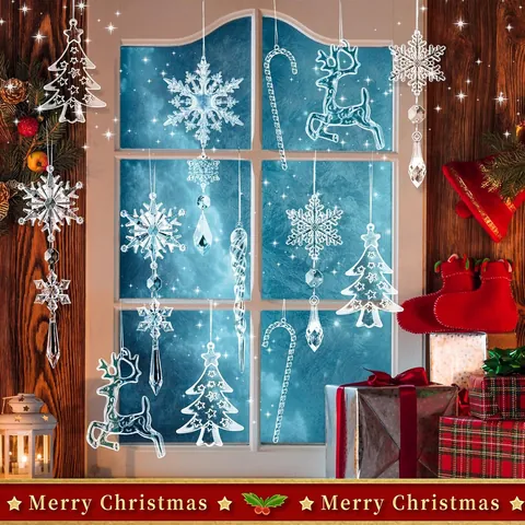 Decorazioni Natalizie Pendenti in Acrilico Cristallo Trasparente Set Fiocco di Neve Renna Ghiacciolo per Albero Festa Casa