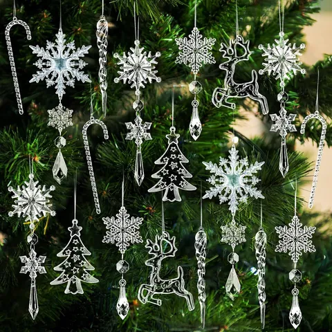 Decorazioni Natalizie Pendenti in Acrilico Cristallo Trasparente Set Fiocco di Neve Renna Ghiacciolo per Albero Festa Casa