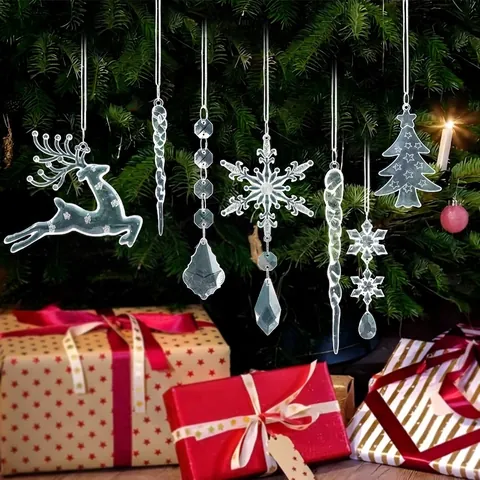 Set di Ornamenti Natalizi in Acrilico Trasparente Fiocco di Neve Renna Ghiacciolo Pendenti per Albero per Decorazione Casa Festa
