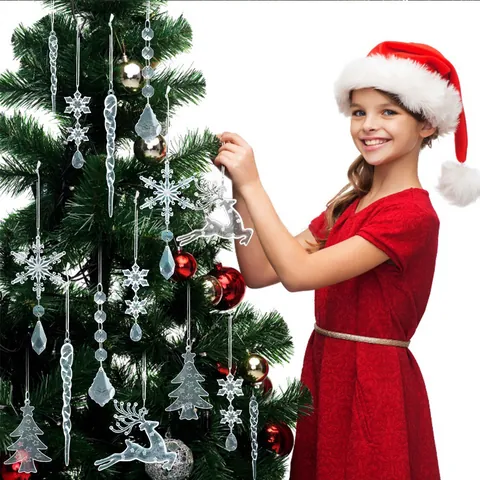 Set di Ornamenti Natalizi in Acrilico Trasparente Fiocco di Neve Renna Ghiacciolo Pendenti per Albero per Decorazione Casa Festa
