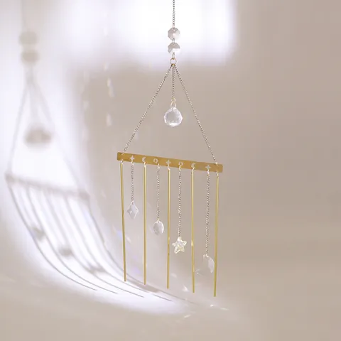 Natural Rose Quartz Crystal Suncatcher Brass Metal Tube Wind Chime For Window Garden Hanging Geometric Moon Star Bohemian Home Decor