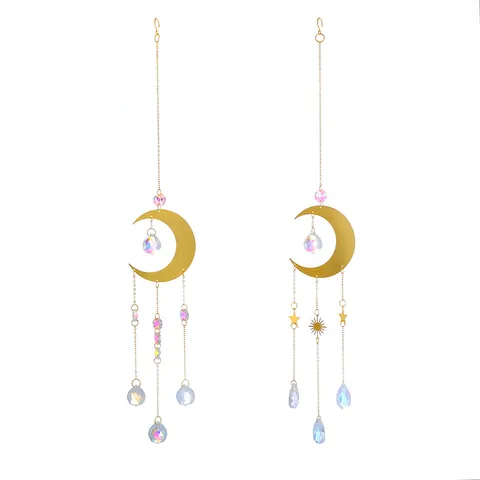 Celestial Gold Moon Suncatcher Crystal Wind Chime Hanging Prism Bohemian Window Rainbow Maker Garden Home Ornament Gift