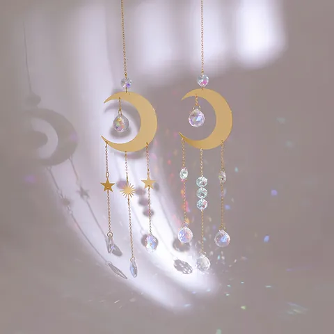 Celestial Gold Moon Suncatcher Crystal Wind Chime Hanging Prism Bohemian Window Rainbow Maker Garden Home Ornament Gift