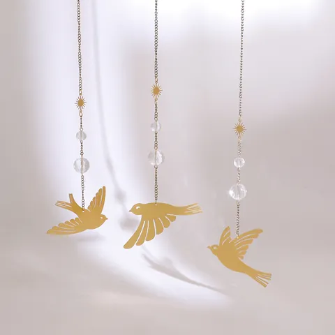Nordischer Metall Gold Vogel Mondphase Suncatcher Hängende Dekoration Kristallperlen Hausfenster Wanddeko Ästhetik Geschenk