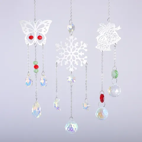 K9 Crystal Suncatcher Hanging Ornament With Stainless Steel Metal Butterfly Snowflake Bell Rainbow Maker For Window Home Decor