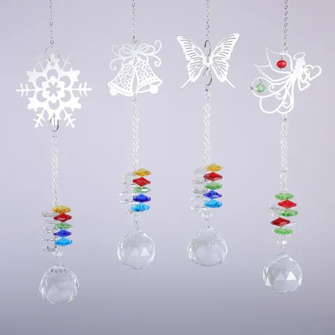Atrapasoles de Cristal K9 Ornamento Colgante Con Prisma de Bola de Cristal Acero Inoxidable Mariposa Copo de Nieve Ángel Campana Para Ventana Jardín Hogar Decoración