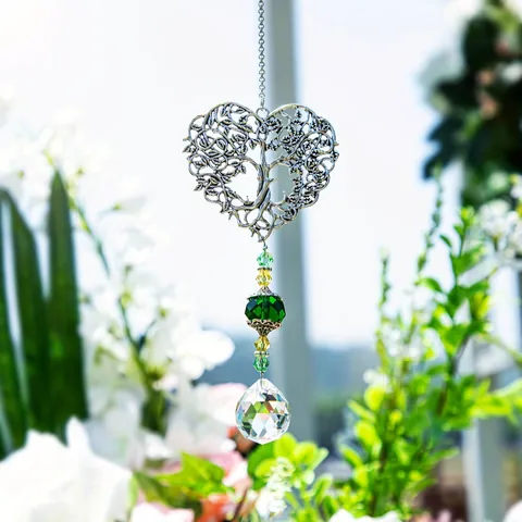 Hart Levensboom Kristal Lichtvanger Hangend Ornament Zilver Legering Regenboogmaker Prisma Voor Tuin Huis Raam Decoratie