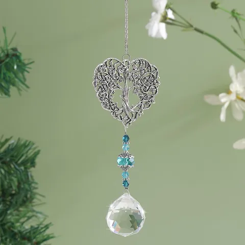 Hart Levensboom Kristal Lichtvanger Hangend Ornament Zilver Legering Regenboogmaker Prisma Voor Tuin Huis Raam Decoratie