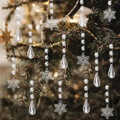 Ornamenti Pendenti per Albero di Natale in Acrilico Trasparente Fiocco di Neve Sfaccettato Ciondolo Ghiacciolo Fili di Perline per Matrimonio