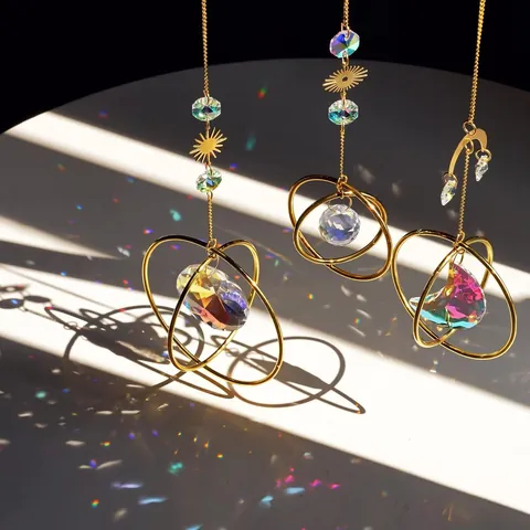3 Piece Crystal Suncatcher Set Sun Moon Star Gold Alloy Hanging Prism Rainbow Maker Window Ornament Home Garden Decor