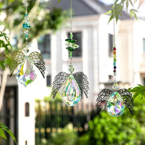 Atrapasol de Alas de Ángel de Cristal Prisma para Ventana Jardín Adorno Colgante Hecho a Mano Colgante de Alas de Metal Decoración del Hogar Regalo