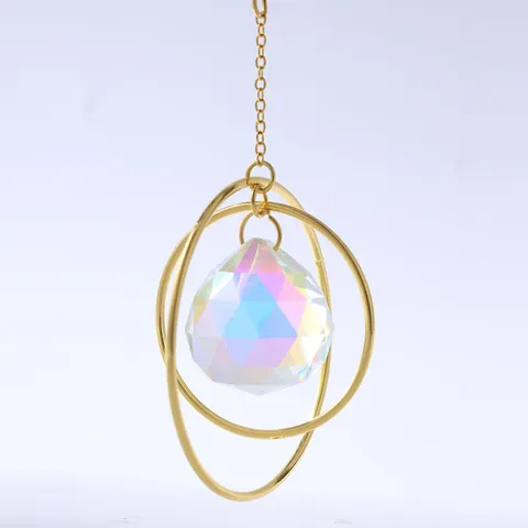 Crystal Sun Catcher Hanging Ornament Gold Plated Metal Sun Pendant Double Rings With AB Colorful Crystal Ball For Window Garden Home Decor