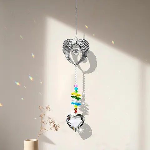 Alloy Angel Wing Heart Crystal Prism Suncatcher Memorial Hanging Ornament With Colored Beads For Window Wall Home Decor