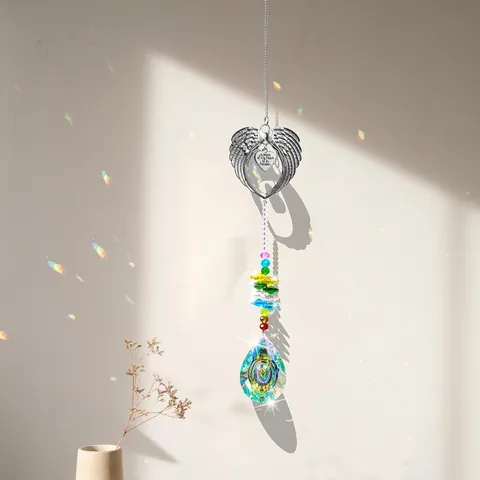 Acchiappasole Ali di Angelo Pendente Commemorativo Cuore di Cristallo con Incisione Ornamento Sospeso in Metallo Creatore di Arcobaleni