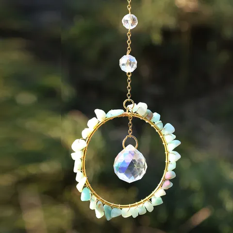 Handmade Natural Crystal Gravel Wrapped Golden Round Sun Catcher Hanging Ornament AB Crystal Ball Wind Chime For Indoor Garden Window Decor