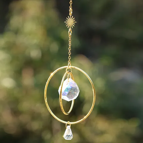 Crystal Sun Catcher Hanging Ornament Gold Plated Metal Sun Pendant Double Rings With AB Colorful Crystal Ball For Window Garden Home Decor
