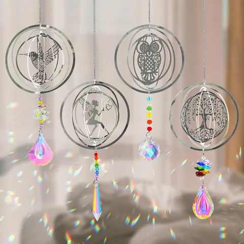 3D Rotating Stainless Steel Suncatcher With K9 Crystal Prism Hummingbird Fairy Owl Tree Of Life Garden Hanging Decor Wind Chime