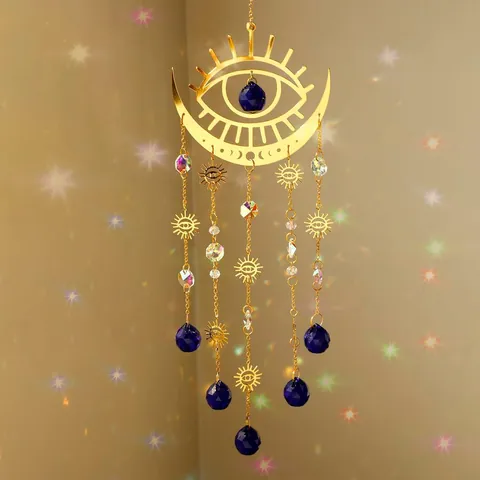 Bohemian Alloy Evil Eye Suncatcher Golden Moon Sun Crystal Wind Chime Rainbow Prism Hanging Ornament For Garden Home Window