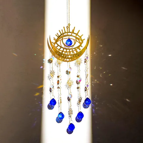 Bohemian Alloy Evil Eye Suncatcher Golden Moon Sun Crystal Wind Chime Rainbow Prism Hanging Ornament For Garden Home Window
