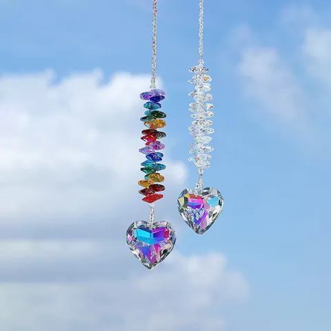 Crystal Heart Suncatcher Hanging Ornament AB Coating Rainbow Prism Chakra Beads Garden Window Decor For Home Office Gift