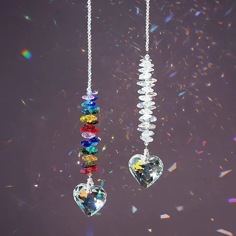 Crystal Heart Suncatcher Hanging Ornament AB Coating Rainbow Prism Chakra Beads Garden Window Decor For Home Office Gift
