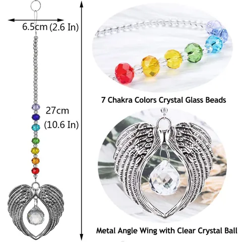 Rainbow Crystal Suncatcher Hanging Ornament Angel Wings Chakra Beads Garden Window Decoration Metal Prism Ball