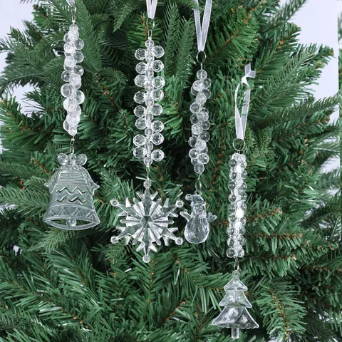 Clear Acrylic Christmas Tree Snowflake Snowman Bell Hanging Ornaments With Faceted Beads Satin Ribbon For Holiday Tree Decor