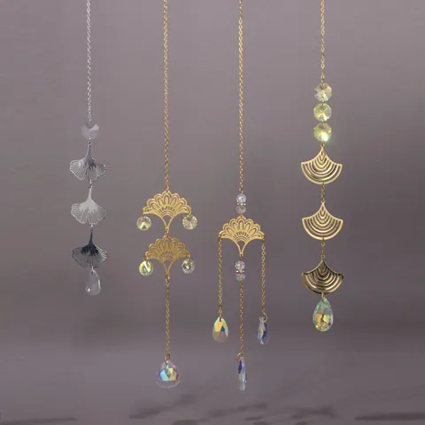 Atrapasol de Cristal Adorno Colgante Hoja de Ginkgo Abanico de Aleación Metálica Arcoíris Para Hogar Jardín Ventana Regalo Para Mujer