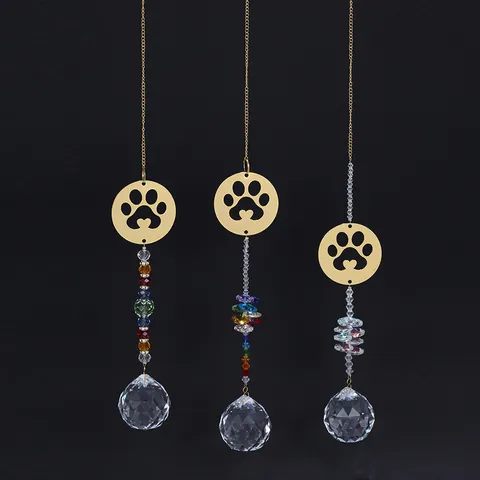 Crystal Suncatcher Hanging Ornament With Alloy Cat Paw Heart Plate Rainbow Maker Faceted Crystal Ball For Window Garden Home Decor