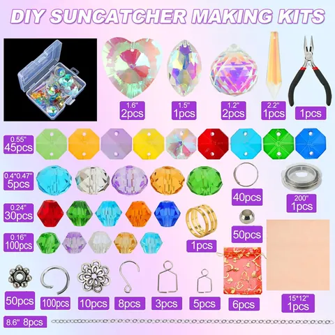 DIY Crystal Suncatcher Materials With K9 Glass Prisms Heart Ball Pendants Metal Rings Pliers Storage Bag For Rainbow Maker Home Decor