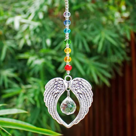 Rainbow Crystal Suncatcher Hanging Ornament Angel Wings Chakra Beads Garden Window Decoration Metal Prism Ball