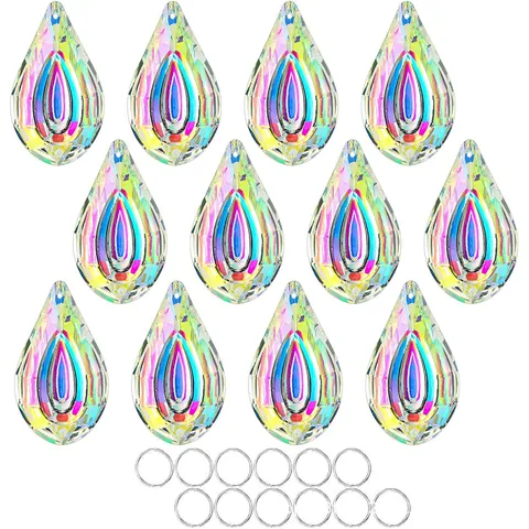 AB Iridescent Crystal Glass Teardrop Suncatcher Pendants Multi-Faceted Prism Hanging Ornaments For Home Wedding Party Decor
