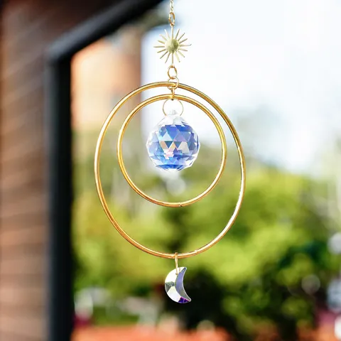 Crystal Suncatcher Wind Chime Hanging Decoration Gold Alloy Sun Moon Pendant With Prism Ball For Window Home Garden Decor