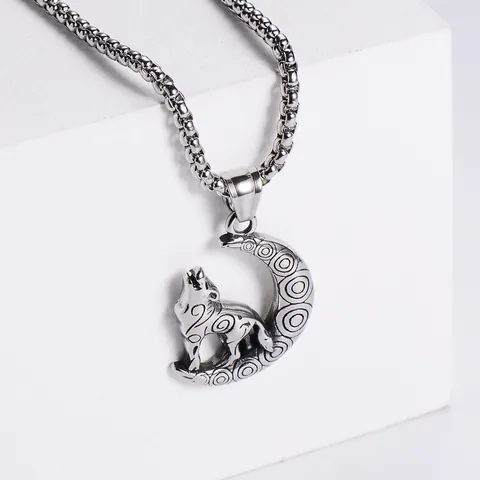 Vintage Edelstahl Halskette Mit Heulendem Wolf Und Mond Anhänger Für Herren Damen Gothic Punk Tier Schmuck Geschenk