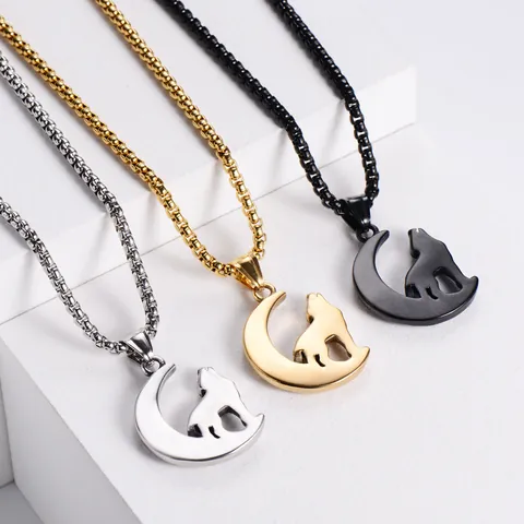 Wolf Huilende Maan Hanger Ketting 304 Roestvrij Staal Viking Noords Gotisch Hip Hop Vintage Dier Sieraden Voor Heren Dames