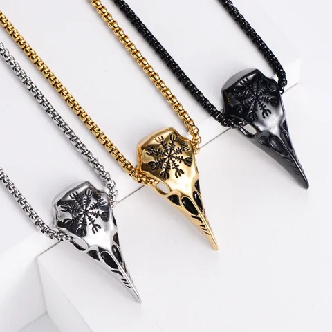 Vintage Stainless Steel Raven Bird Skull Pendant Necklace Gothic Viking Rune Vegvisir Vegvísir Jewelry For Men Punk Crow Necklace