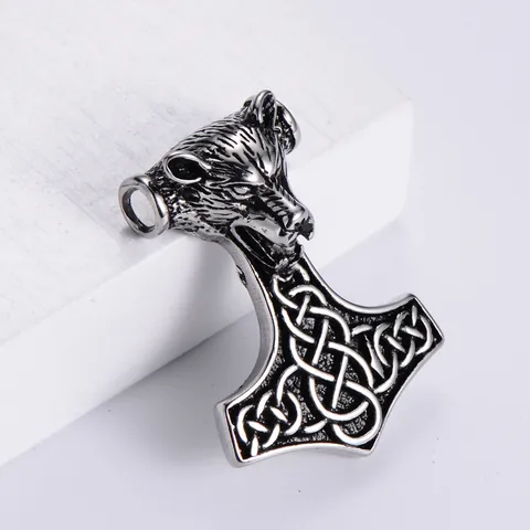 Wikinger Thorhammer Anhänger Halskette 304 Edelstahl Wolfskopf Keltischer Knoten Punk Schmuck Für Männer