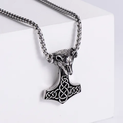Wikinger Thorhammer Anhänger Halskette 304 Edelstahl Wolfskopf Keltischer Knoten Punk Schmuck Für Männer