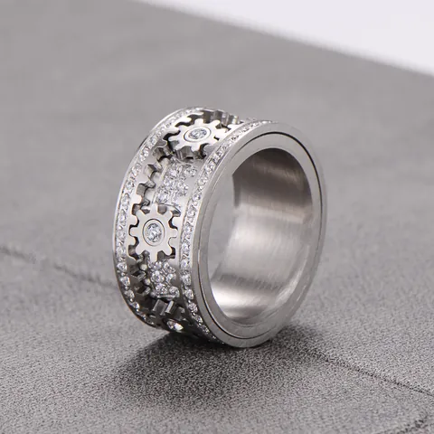 Anello Rotante Meccanico a Ingranaggi in Acciaio Inossidabile 316L con Zirconia AAA Intarsiata Gioiello Hip Hop Punk Uomo Donna