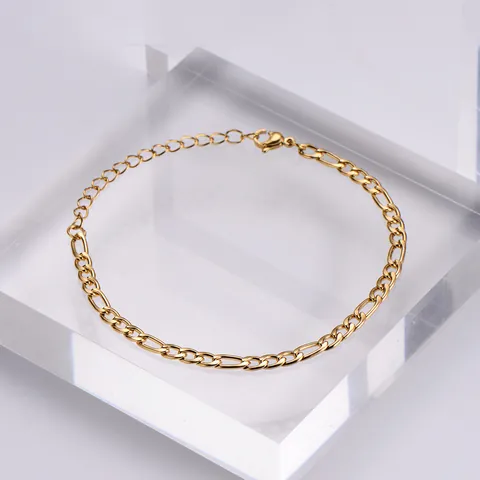 Pulsera De Tobillera Clásica Cadena Figaro Chapado En Oro De 18K Acero Inoxidable 316L Con Cierre De Langosta Cadena De Extensión Ajustable