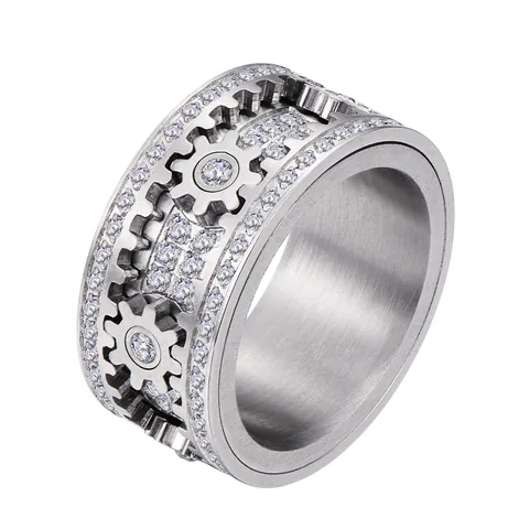 Anello Rotante Meccanico a Ingranaggi in Acciaio Inossidabile 316L con Zirconia AAA Intarsiata Gioiello Hip Hop Punk Uomo Donna