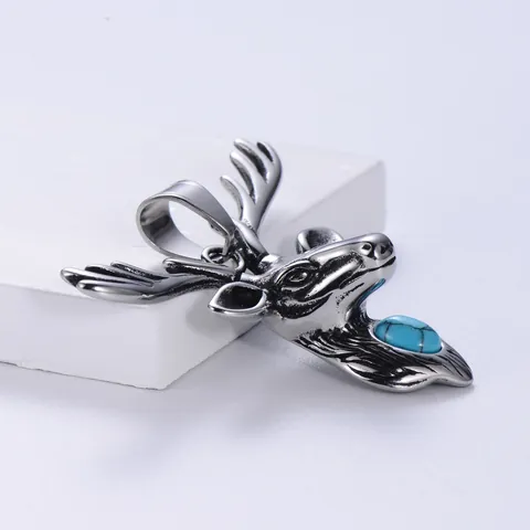 Elk Deer Head Pendant Necklace 304 Stainless Steel Turquoise Inlaid Vintage Punk Animal Jewelry For Men Women