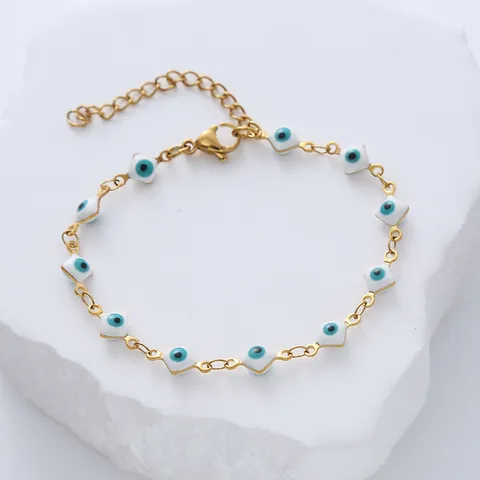 Stainless Steel Gold Plated Evil Eye Bracelet With Enamel Square Pendants Adjustable Lucky Protection Chain Jewelry For Women