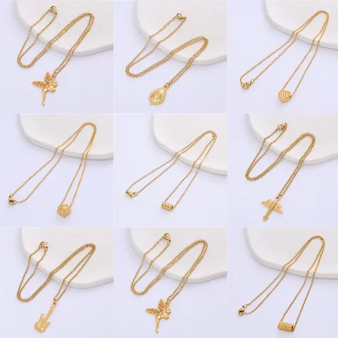 Stainless Steel Gold Plated Pendant Necklace For Women Angel Heart Star Guitar Airplane Cylinder Charm Necklace Jewelry