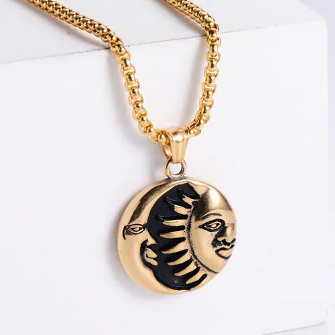 Sonne Mond Anhänger Halskette 316L Edelstahl Gesicht Relief Rund Retro Punk Gothic Mystischer Schmuck Unisex